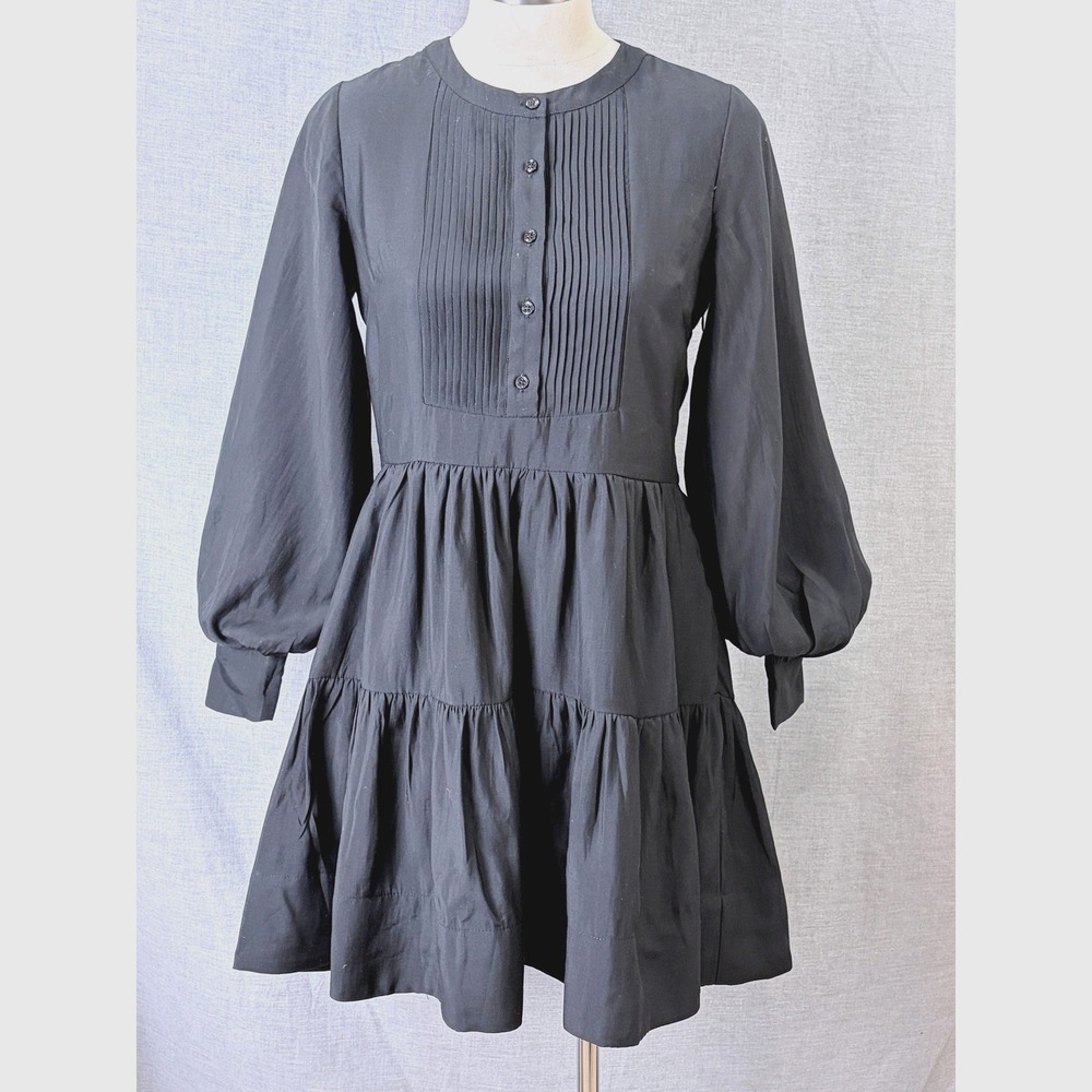 Hyacinth House Amie Dress Black Tiered Mini Bishop Sleeve Pintuck XS Tuckernuck